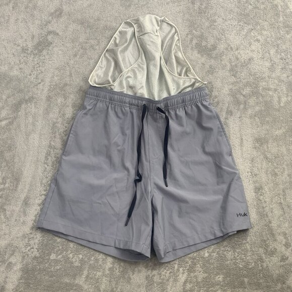 Huk Fishing Pursuit Volley Swim Shorts Mens Small Gray Lined Stretch Solid Fish - Picture 8 of 9